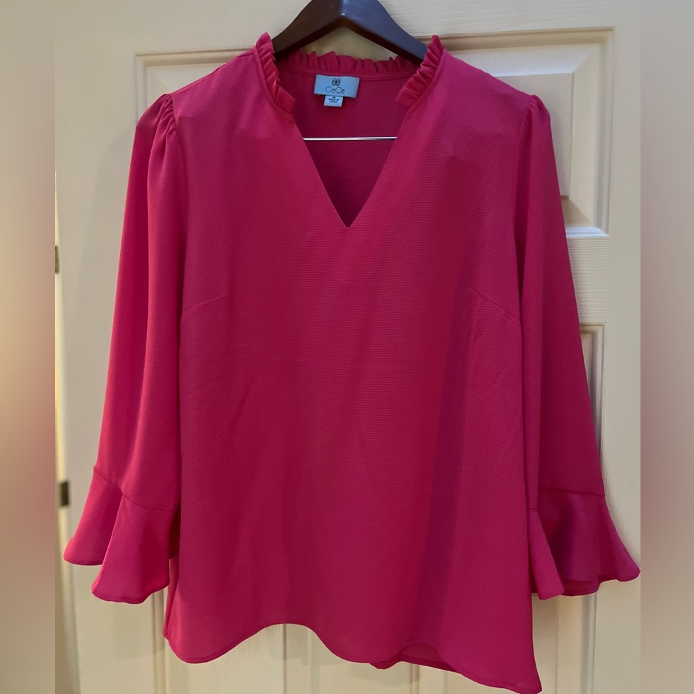 CeCe Vibrant Pink Ruffle Blouse